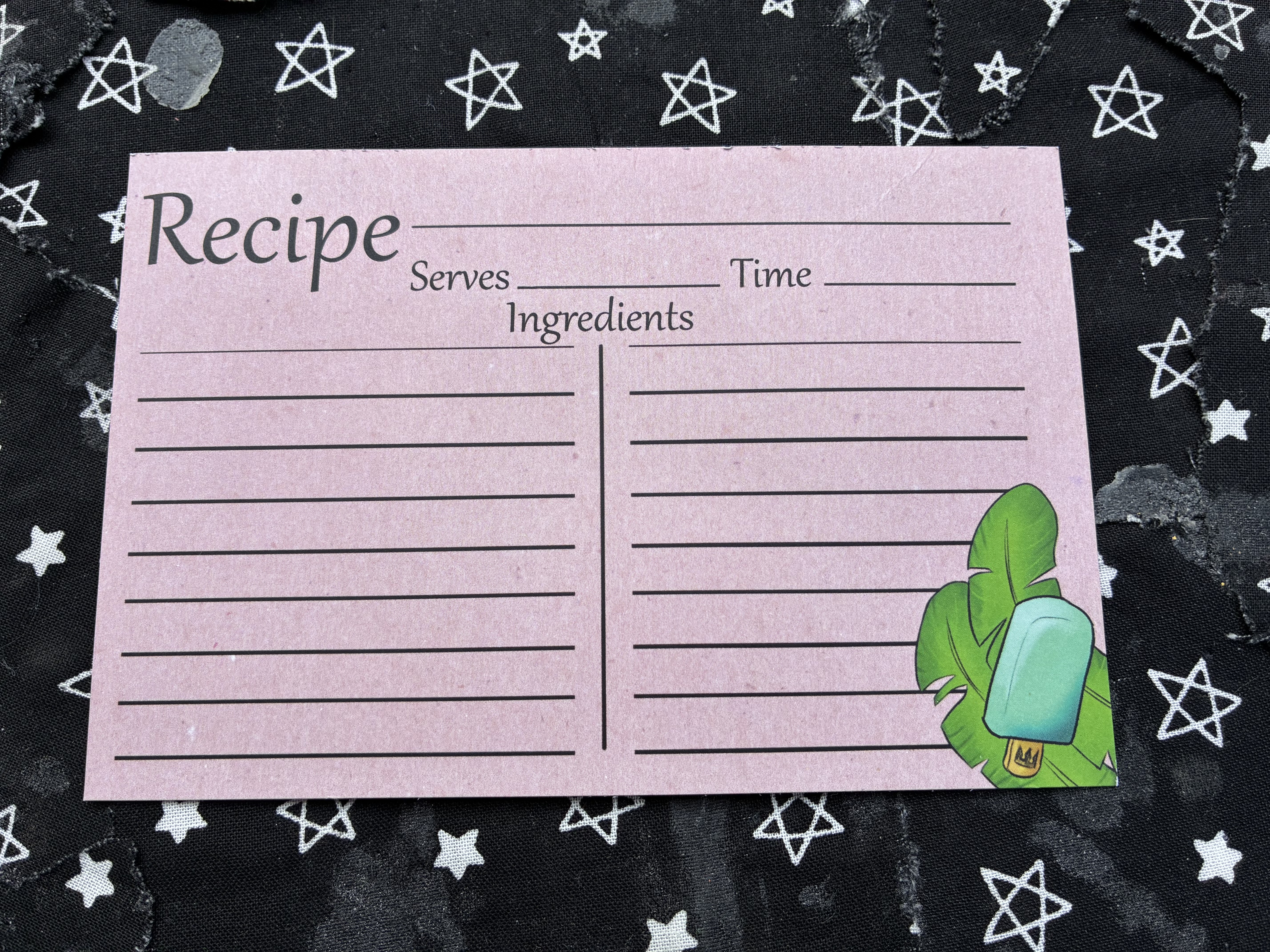 Recipe card decorated with a sea salt ice cream on a leaf.